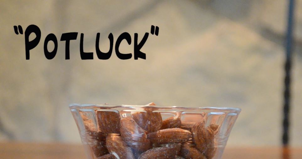 Potluck banner with a bowl of almonds