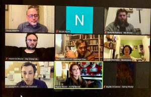 Nine people in an online video call for entries